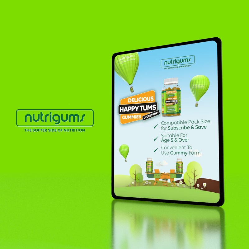 NUTRIGUMS® Happy TUMS (Probiotics) 60 Vegan Gummies. Pineapple Flavour. Gut & Digestive Health 1.25 Billion CFU Probiotics, Vitamins C, B3, B5, B6, Chamomile and Xylitol. for Adults + Kids Age 5+ - NewNest Australia