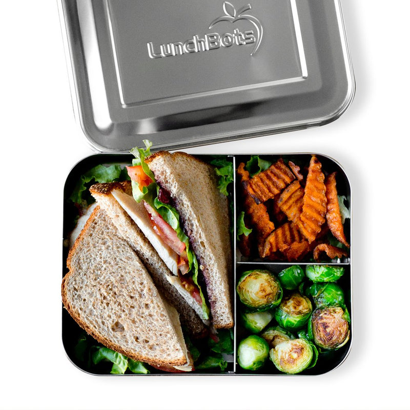 NewNest Australia - LunchBots Large Trio Stainless Steel Lunch Container -Three Section Design for Sandwich and Two Sides - Metal Bento Lunch Box for Kids or Adults - Eco-Friendly - Stainless Lid - All Stainless 