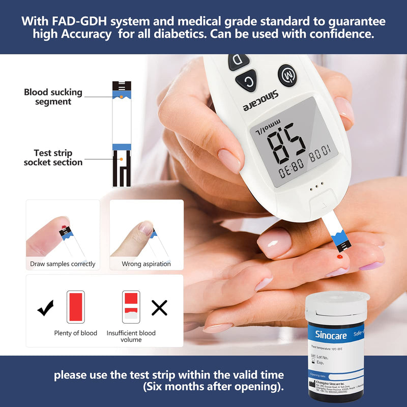 sinocare Diabetes Testing Kit / Blood Glucose Monitor Safe Accu Blood Glucose Sugar Test Kit [Upgraded version] with Strips x 50 & Case for UK Diabetics -in mmol/L - NewNest Australia