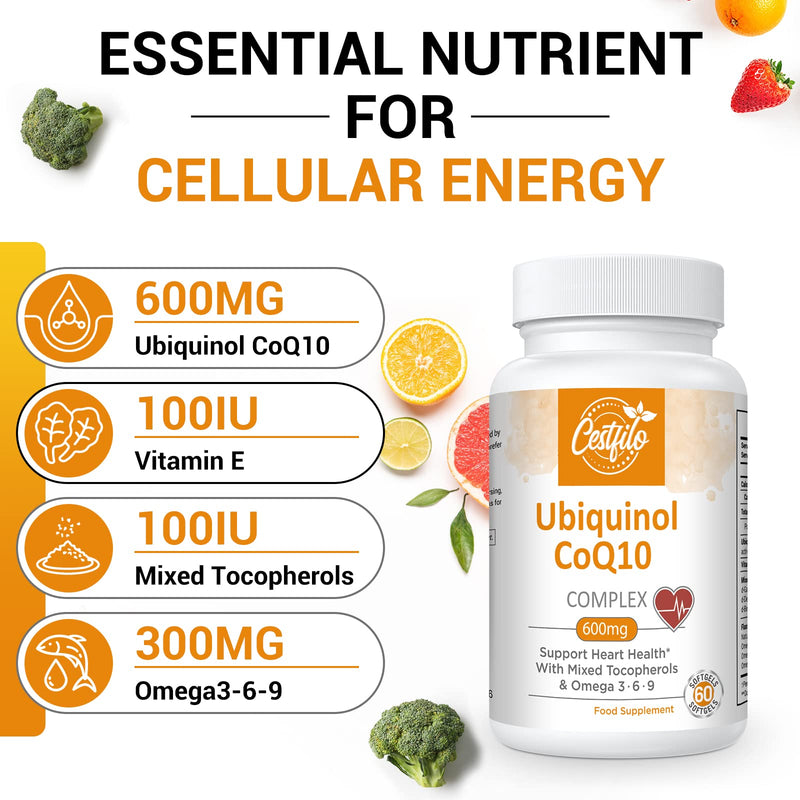 Ubiquinol CoQ10 600 mg Softgel Capsules - Active Form of CoQ10 Plus Vitamin E & Omega 3 6 9 - Advanced Antioxidant Coenzyme Q10 Dietary Supplement for Heart & Brain (60 Count, Pack of 2) 60 Pieces (Pack of 2) - NewNest Australia