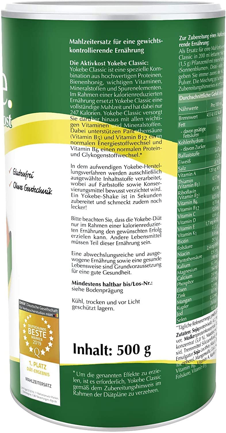 Yokebe Classic - Diet Shake for Weight Loss - Gluten-Free and Vegetarian - Meal Replacement for Weight Loss with High-Quality Proteins - 500 g = 12 Servings - NewNest Australia