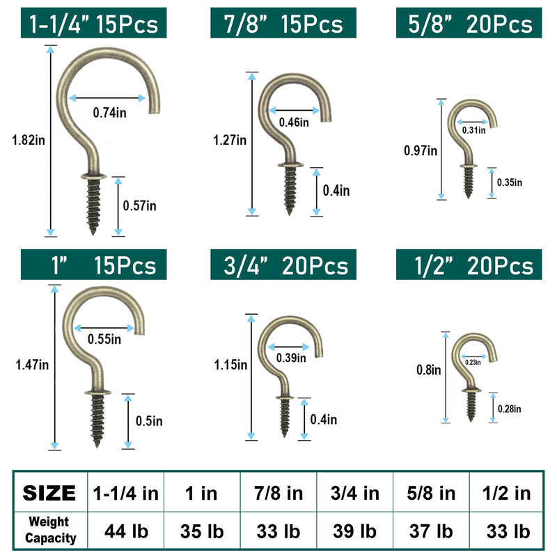 Bronze Screw-in Cup Hooks Kit, 105 Pcs Ceiling Hooks in 6 Size for Hanging-(1/2", 5/8", 3/4", 7/8", 1'', 1-1/4") - NewNest Australia