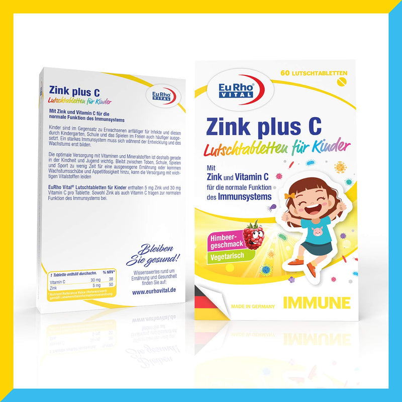 Zinc and Vitamin C Lozenges for Children | Vegetarian dietary supplement to support the immune system | Ideal for children aged 4 and over | EuRho® Vital – Made in Germany | 60 tablets of raspberry - NewNest Australia
