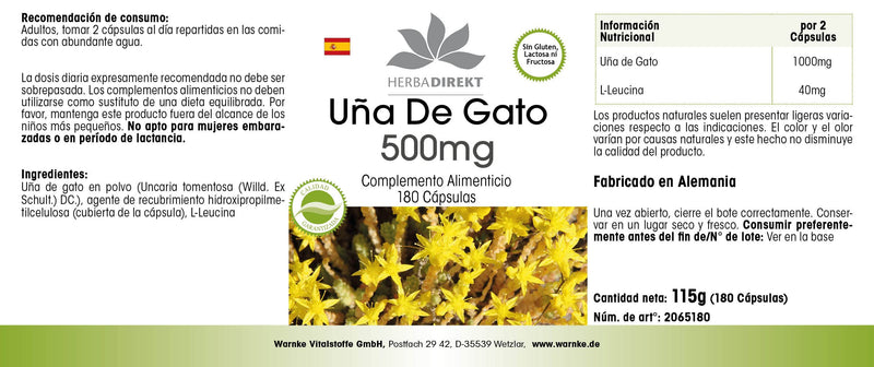Cat's Claw Capsules 500mg - Uña De Gato - Cat's Claw - 180 capsules - vegan | HERBADIREKT by Warnke vital substances - NewNest Australia