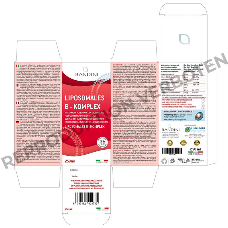 Bandini® Vitamin B Complex Liposomal - 250 ml liquid format | High dosage: All 8 B vitamins (B1, B2, B3, B5, B6, B7, B9, B12) | Independently laboratory tested, no additives, GMO-free, vegan - NewNest Australia