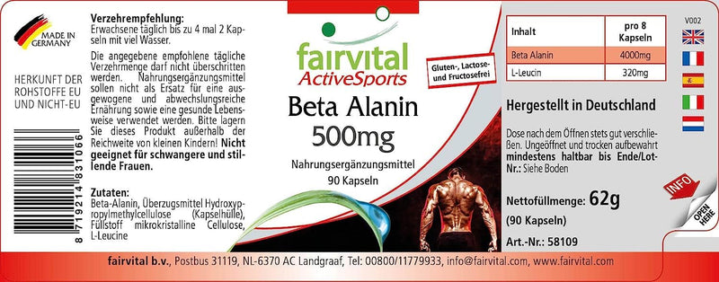 Fairvital Beta Alanine 500 Mg ‚ 90 Capsules ‚ Popular Amino Acid ‚ No Stirring In Powder ‚ 100% Vegan ‚ Quality Tested And High Dose ‚ Made In Germany - NewNest Australia