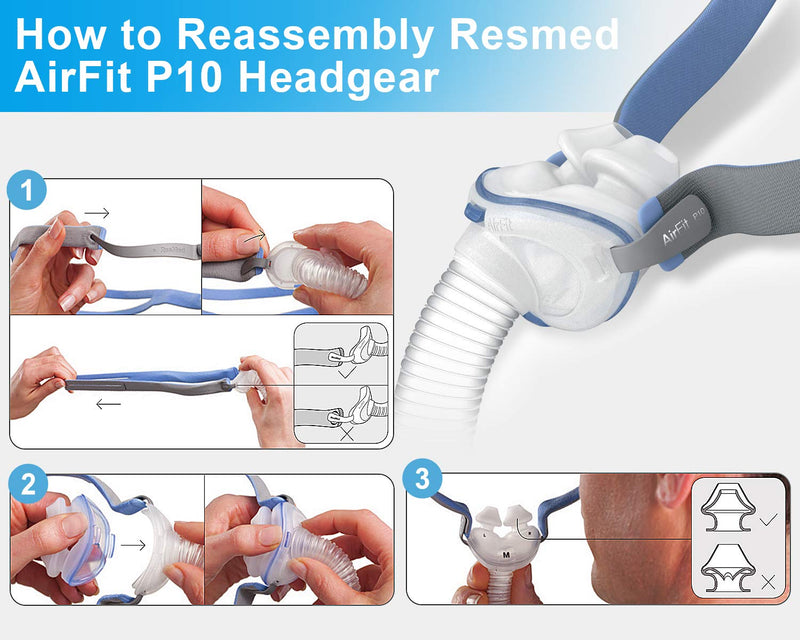 Replacement Headgear Compatible with ResMed Airfit P10 Nasal Pillow CPAP Mask Straps Included 3 Super Elastic Straps and 6 Adjustment Clips(3 Pack) Blue - NewNest Australia