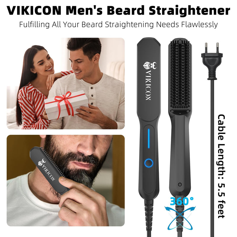 VIKICON Beard Straightener Comb for Men, Mini Professional Hair Straightener with Negative Ions, 3-Segment Temperature, Portable and Quick for Beard and Hair Styling - NewNest Australia