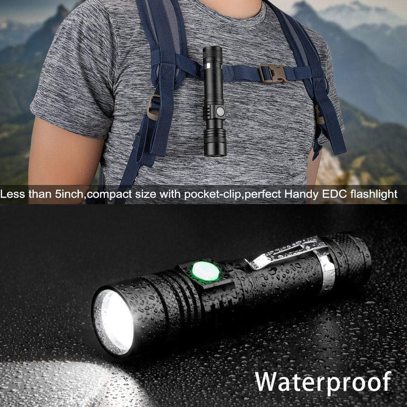 LED Tactical Flashlight Rechargeable (Battery Included), IPX6 Waterproof Flashlight, 1200lm, Super Bright LED, Zoomable, Pocket-size Small LED Flashlight for Hiking, Camping, Emergency rechargeable flashlight - NewNest Australia