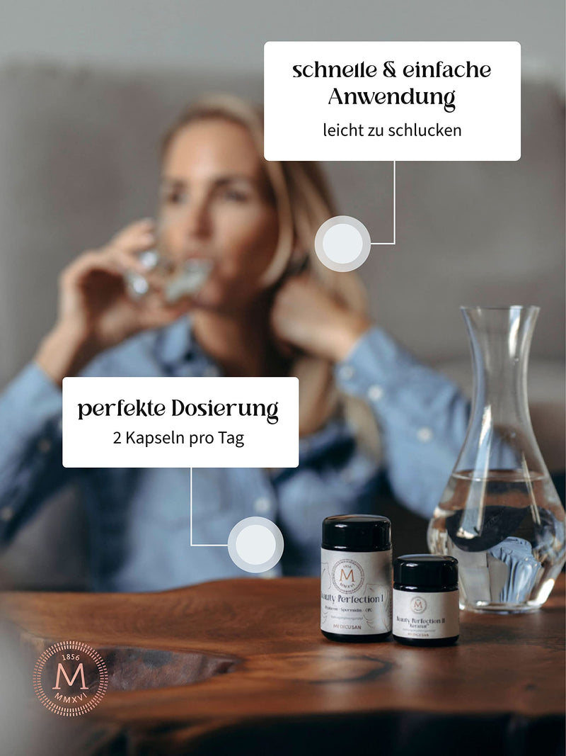 Medicusan Beauty Perfection I - 200mg hyaluronic acid - 1mg spermidine - 11,250mg OPC grape seed - 100% NRV biotin, copper, manganese - nettle, lavender, dandelion and much more. – 2 capsules/day – 60 PCS/30 days - NewNest Australia