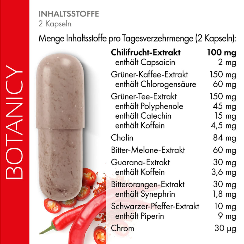 BOTANICY Red Chili Burner - branded raw material Capsimax® made from red chili - promotes fat burning, regulates appetite - hormone-free, vegan - 60 capsaicin capsules - NewNest Australia