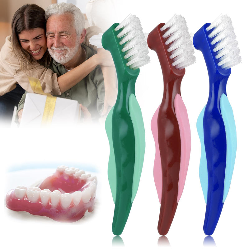 Hard Denture Brush Pack of 3 Premium Hygiene Denture Cleaning Brush Double-Sided Toothbrush with Multi-Layer Bristles Non-Slip Rubber Handle for Cleaning False Teeth (Red Green Blue) - NewNest Australia