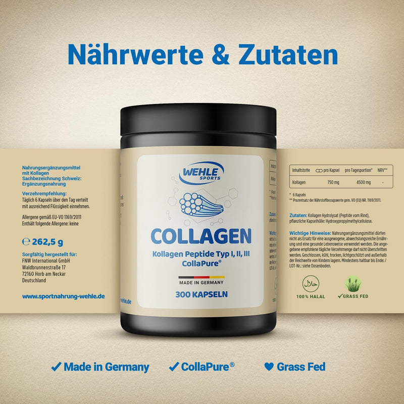 Collagen capsules 300 pieces high dosage - 4500mg bioactive collagen hydrolyzate peptides per daily dose I Wehle Sports Made in Germany Collagen Type 1, 2 & 3 - NewNest Australia