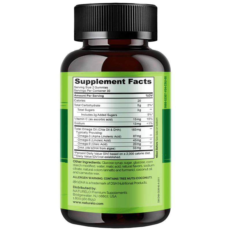NATURELO Vegan DHA and Omega 3 Supplement from Algae and Chia Seed Oil for Heart, Brain and Joint Health - No Fish, Gelatin, or Artificial Sweeteners - 60 Gummies - NewNest Australia