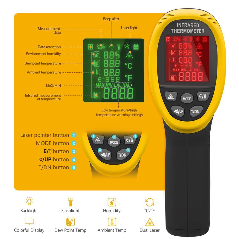 Infrared Thermometer, Ap-985E Laser Thermometer -58‚Ñâ~1472‚Ñâ, D:S=16:1, Non-Contact Thermometer With Humidity, Ambient Temperature And Dew Point, Temperature Alarm„ênot For Humans„ë Ap-985Eôºàyellowôºâ - NewNest Australia