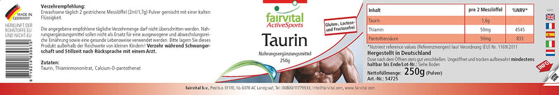 Fairvital Taurine 250 G Powder, Extra High Dose, With Thiamine And Pantothenic Acid, Pure, Without Additives, 100% Vegan, For 4.5 Months, Quality Tested, Made In Germany - NewNest Australia