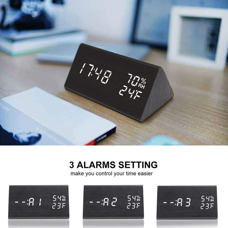 NewNest Australia - Digital Alarm Clock, with Wooden Electronic LED Time Display, 3 Alarm Settings, Humidity & Temperature Detect, Wood Made Electric Clocks for Bedroom, Bedside, Black 