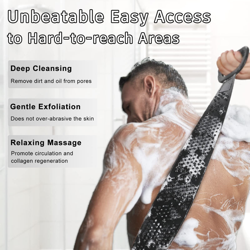 FREATECH Exfoliating Silicone Back Scrubber - 97cm Dual-sided Shower Back Washer for Deep Cleansing and Massage, Cover the Entire Back, Smooth & Rejuvenate Skin, Easy to Clean and Long-lasting, Black - NewNest Australia