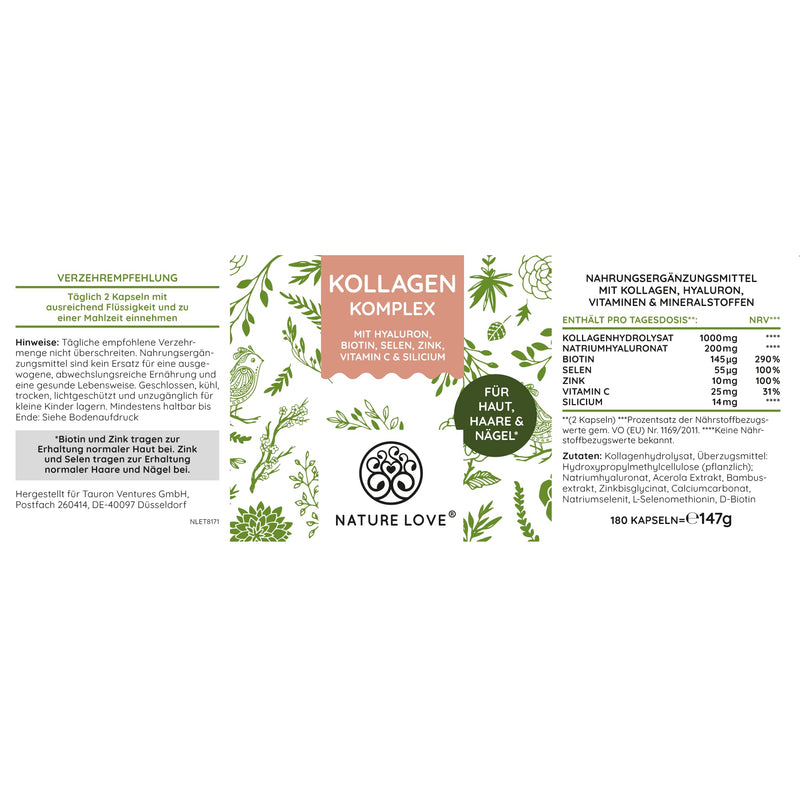 Nature Love Collagen Complex - 180 Capsules - With Hyaluronic Acid, Biotin, Selenium, Zinc, Vitamin C From Acerola & Bamboo Extract - High Dose Collagen - Laboratory Tested And Produced In Germany - NewNest Australia