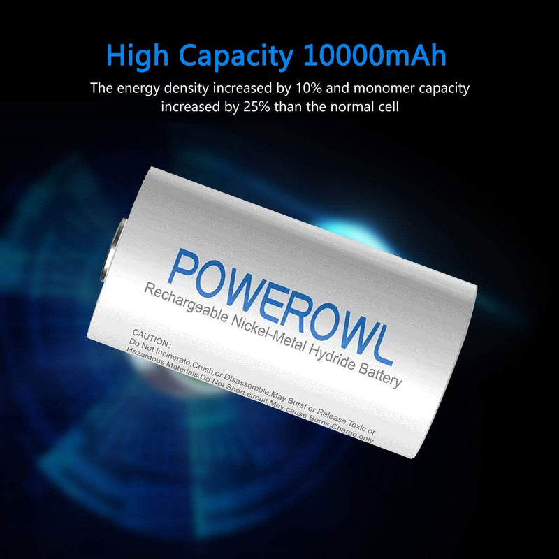 POWEROWL Rechargeable D Batteries 10000mah Low Self Discharge, NiMH, Pre-Charged, 4 Count (Recharge Universal) 4pack - NewNest Australia