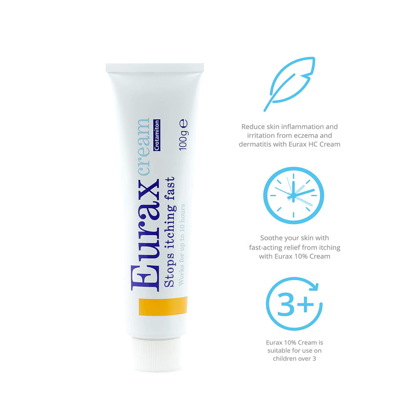 Eurax Itch Relief Cream 100g, Helps Stop Itching Fast, Lasts UpTo 8h for Relief of Itchy dermatitis|Dry eczema|Allergic rashes|Hives nettle rashes|Chickenpox|Insect bite and stings|Heat rashes|Sunburn 100 g - NewNest Australia