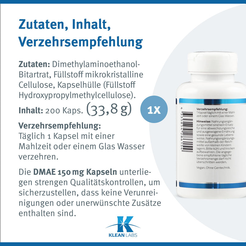 Klean Labs - DMAE (dimethylaminoethanol) 150mg per capsule - 200 capsules - vegan, without genetic engineering, without unwanted additives & high dosage - NewNest Australia