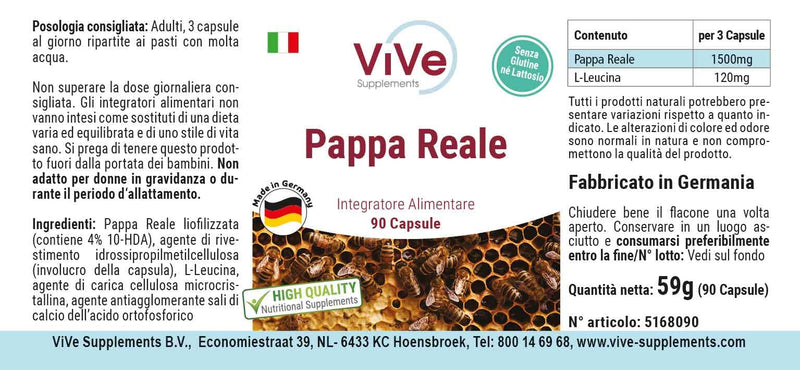 Royal Jelly 500 Mg - 90 Capsules - Standardized To 4% 10-Hda - High Quality According To Iso Standard - Gently Freeze Dried Quality From Germany By Vive Supplements - NewNest Australia