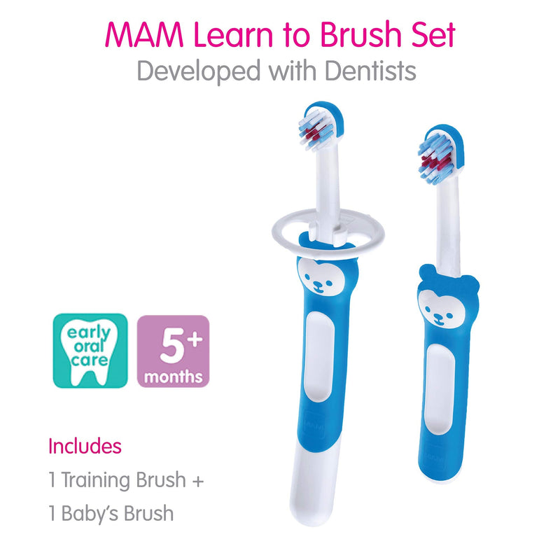 MAM Learn to Brush Set (1 Baby's Brush Toothbrush, 1 Training Brush, 1 Safety Shield), Baby Toothbrushes with Brushy The Bear, Interactive App, for Boys 5+ Months, Blue - NewNest Australia