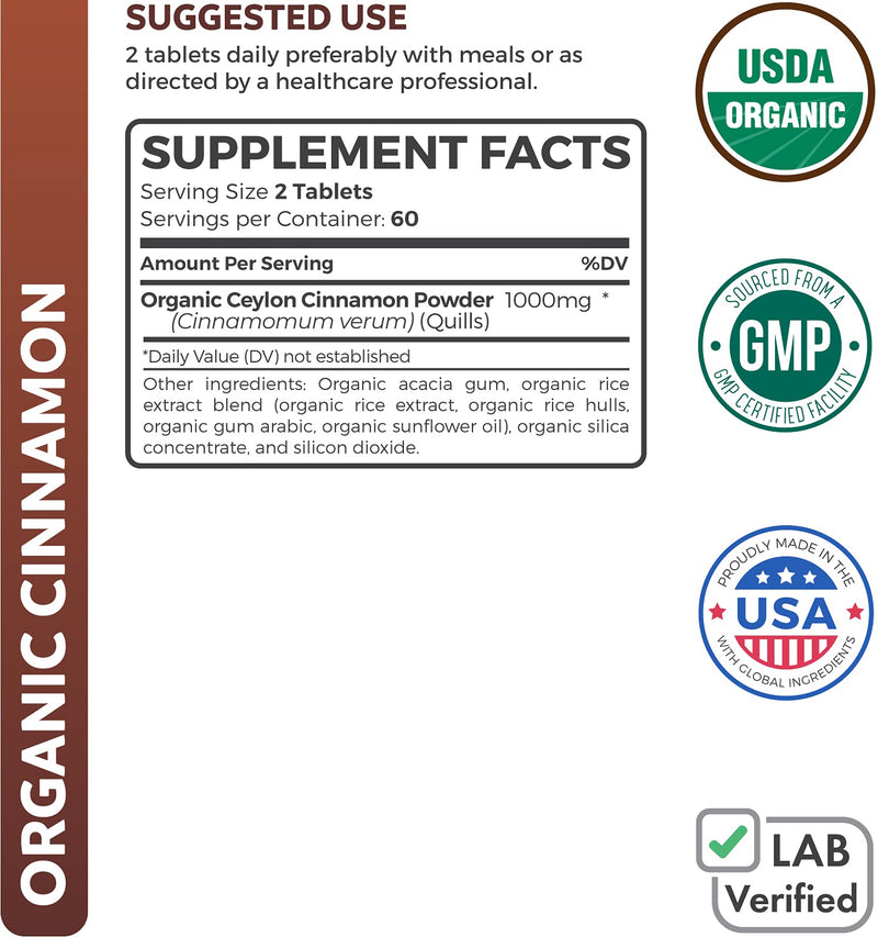 USDA Organic Ceylon Cinnamon (120 Tablets) 1000mg per Serving - Cinnamon Bark Supplement for Natural Support - No Powder, Capsules or Pills - NewNest Australia