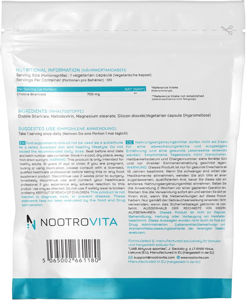 Choline high dose 700mg - 120 choline capsules, bitartrate | For liver function, memory, brain and concentration | Vegan, Gluten Free | Manufactured in ISO-certified companies | Nootrovita - NewNest Australia