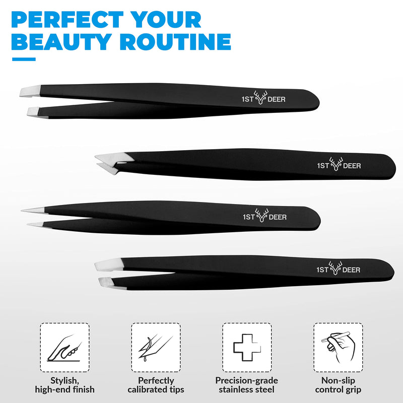 1St Deer Tweezers Set, 4 Piece Stainless Steel Precision Tweezers For Eyebrow Plucking Facial Hair Removal - Plucking Tweezers For Ingrown Hair, Blackheads And Tick Removal (Black) - NewNest Australia