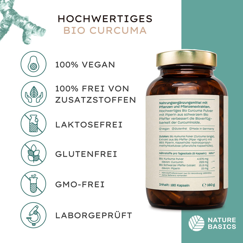 Nature Basics Organic Curcuma Capsules With Black Pepper | Certified & Sustainable In A Glass | Organic Turmeric Capsules 4575Mg / 228Mg Curcumin & 15Mg Piperine | Vegan, Laboratory Tested, From De & Co2 Neutral - NewNest Australia