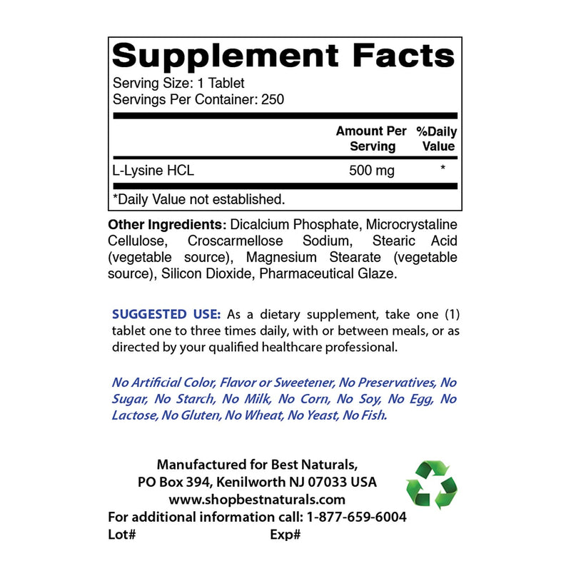 Best Naturals L-Lysine 500 mg 250 Tablets 250 Count (Pack of 1) - NewNest Australia