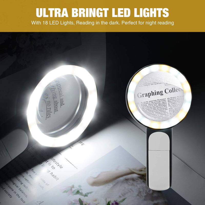 JMH Magnifying Glass with Light, 30X Handheld Large Magnifying Glass 18LED Cold and Warm Light with 3 Modes, Illuminated Lighted Magnifier for Seniors Reading, Inspection, Coins, Jewelry, Exploring Black - NewNest Australia