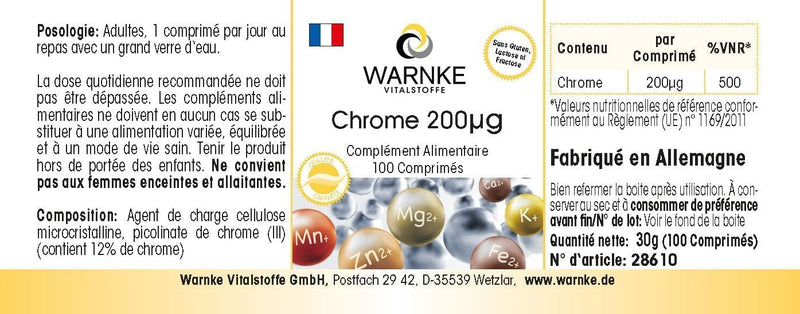 Chromium 200µg - 100 tablets of chromium picolinate for 200 days - German pharmacy quality - dietary supplement - high dosage - vegan | Warnke vital substances - NewNest Australia