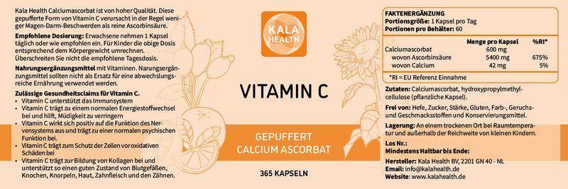 Kala Health Vitamin C 365 Capsules X 1000 Mg Per Capsules - High-Dose Buffered Vegan Capsules - Ph Neutral - From Vegetable Fermentation - Laboratory Tested - - NewNest Australia