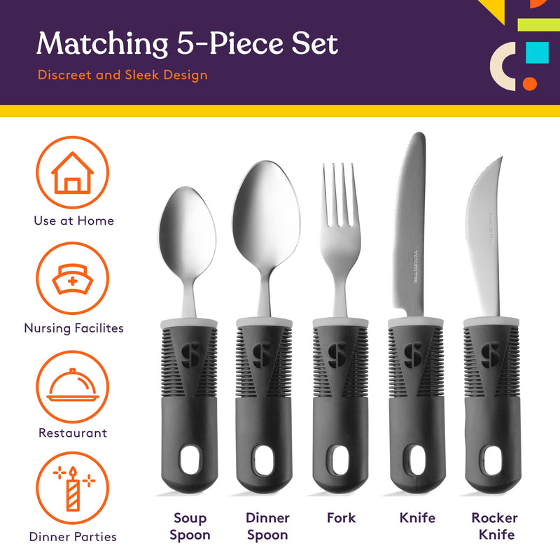 Special Supplies Adaptive Utensils (5-Piece Kitchen Set) Wide, Non-Weighted, Non-Slip Handles for Hand Tremors, Arthritis, Parkinson’s or Elderly use - Stainless Steel Knives, Fork, Spoons - Black - NewNest Australia
