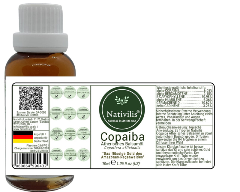 Nativilis Copaiba Essential Balm Oil - Muscle And Joint Pain - Anti-Ageing Brown Spot On Skin Acne Dermatitis Melasma Fungal Infections Circulation Of Varicose Veins Aromatherapy Oil 30 Ml - NewNest Australia