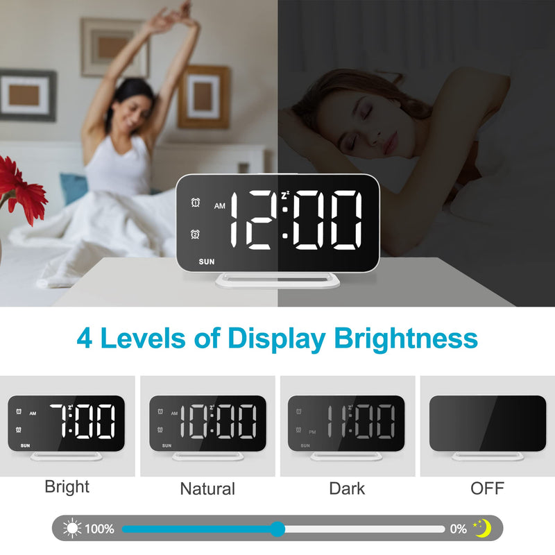 Super Slim LED Digital Alarm Clock, Mirror Surface for Makeup, with Diming Mode, 4 Levels Brightness, Large Display, Easy Setting, Dual USB Ports, Modern Decoration for Home, Bedroom Decor(White) White - NewNest Australia