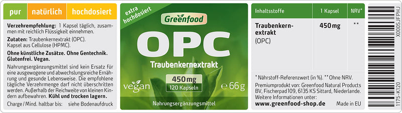 Greenfood OPC grape seed extract high dosage 450 mg, 120 capsules, vegan 120 pieces (pack of 1) - NewNest Australia