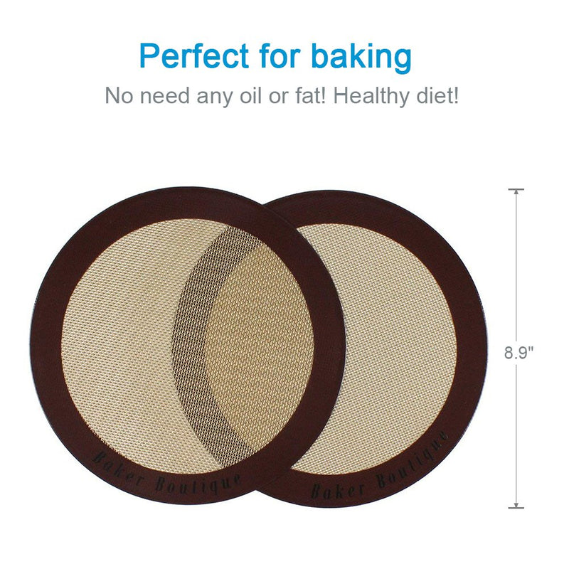 NewNest Australia - Silicone Baking Mats, 2-Pack Non-stick Silicone Baking Sheet Liner, Reusable Heat Resistant Baking Pastry Sheets for Bake Pans/Rolling/ Macaron/Cookie (Round 9", Brown) 