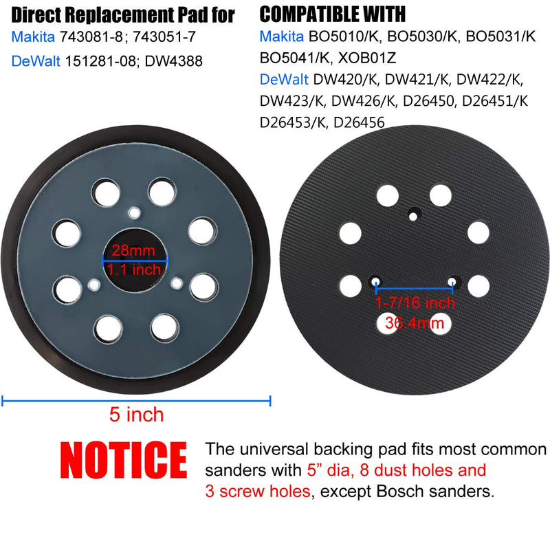 5" Hook & Loop Replacement Sander Pad for DeWalt & Makita - Fit DW420/K, DW421/K, DW422/K, DW423/K, DW426/K, D26450, D26451/K, D26453/K, D26456, Makita BO5010/K, BO5030/K, BO5031/K, BO5041/K - NewNest Australia