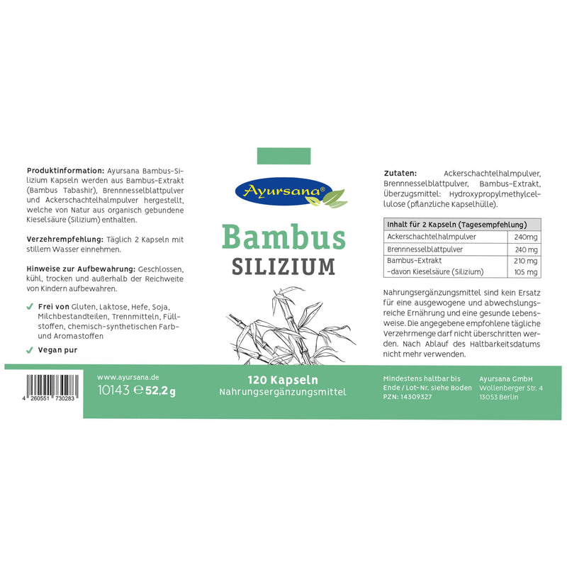 Bamboo silicon capsules (120 pieces) strengthening agent for skin, hair, nails 105 mg silica per daily dose (2 capsules) obtained from bamboo & nettle - NewNest Australia
