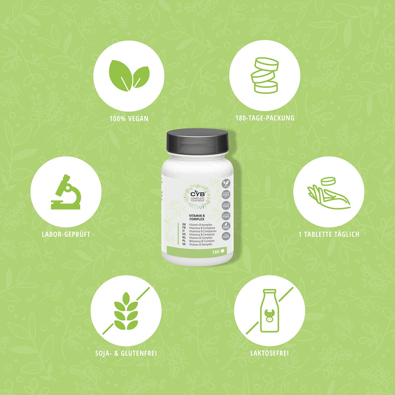 CYB Complete your Body vitamin B complex, high dose with all eight B vitamins, vegan, 1 x 180 tablets - NewNest Australia
