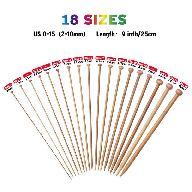Bamboo Knitting Needles Set for Beginners Adults 9-Inch Single Point, 18 Pairs Straight Wooden Knitting Needles US Size 2-10 (2.0-10.0mm), Wood Knitting Needles for Sweaters, Socks, Gloves - Brown - NewNest Australia