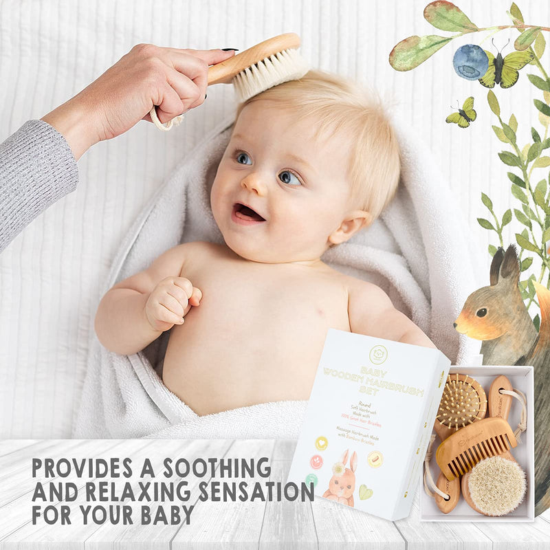 Baby Hair Brush and Baby Comb Set - Wooden Baby Brush with Soft Goat Bristle - Toddler Hair Brush Baby Brush and Comb Set - Baby Brush Set for Newborns - Infant Hair Brush, Cradle Cap (Round, Walnut) Round - NewNest Australia