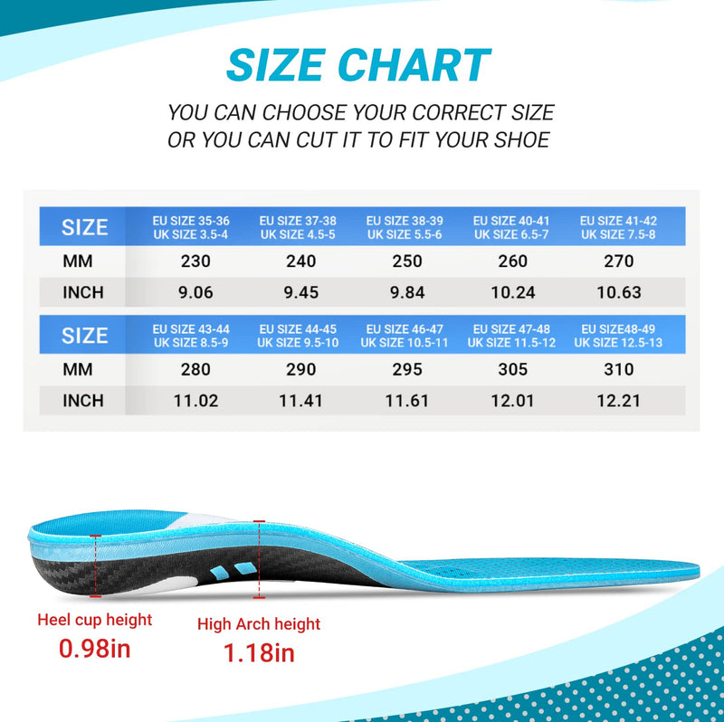 VALSOLE Orthopedic insoles, arch support shoe insoles orthopedic, for heel spurs, flat feet, foot pain, plantar fasciitis, comfort men's and women's insoles, insoles work shoes 43-44 EU 28cm blue - NewNest Australia