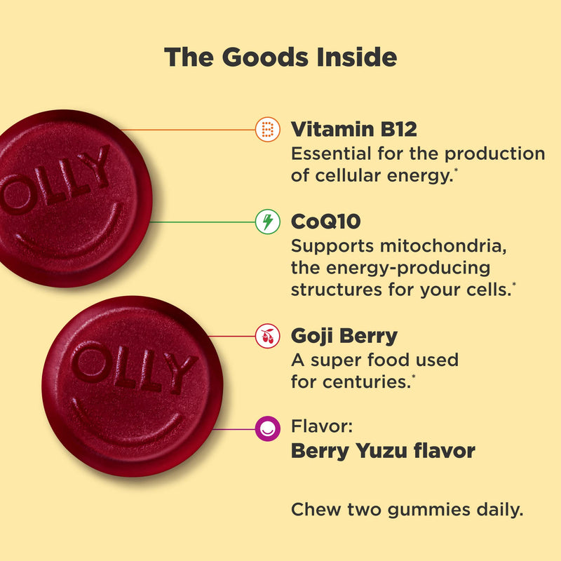 OLLY Extra Strength Daily Energy Gummy, Caffeine Free, 1000mcg Vitamin B12, CoQ10, Goji Berry, Adult Chewable Supplement, Berry Yuzu Flavor - 60 Count - NewNest Australia