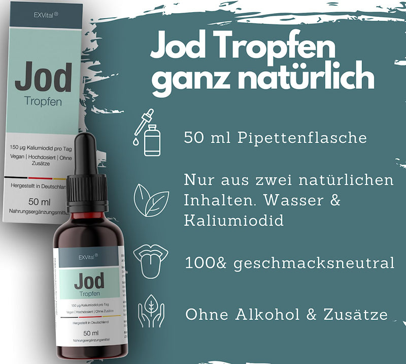 Iodine drops, 150 µg high-dose potassium iodide per daily dose, liquid iodine, vegan, no additives & no alcohol, 50 ml, Made in Germany - NewNest Australia