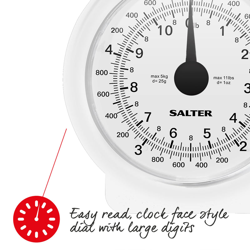 Salter 112 WHWHDR Mechanical Kitchen Scale, 3 KG Maximum Capacity, Analogue, Easy to Read Dial, Dishwasher Safe, Compact Storage, 1 L Detachable Bowl, Battery Free, White single - NewNest Australia